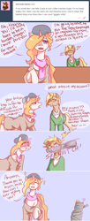 Size: 639x1560 | Tagged: safe, artist:missmaeko, oc, oc:silver quill (missmaeko), oc:strawberry swirl, pony, clothes, female, hat, magic, male, mare, scarf, shirt, stallion, swirlycafe, tape