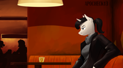 Size: 1999x1109 | Tagged: safe, artist:apocheck13, oc, oc:elya, anthro, unicorn, bar, clothes, female, jacket, leather jacket, mare, ponytail, sitting