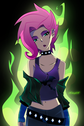 Size: 2248x3364 | Tagged: safe, artist:xan-gelx, fluttershy, human, better together, equestria girls, the road less scheduled, the road less scheduled: fluttershy, alternate hairstyle, belly button, choker, ear piercing, earring, fire, flutterpunk, green fire, humanized, jewelry, midriff, piercing, punk, spiked choker