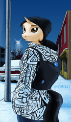 Size: 1978x3411 | Tagged: safe, artist:apocheck13, oc, oc only, oc:elya, anthro, unicorn, backpack, car, clothes, female, looking back, morning, snow, solo, street, winter, winter jacket, winter outfit