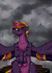 Size: 2280x3199 | Tagged: safe, artist:nikameowbb, oc, oc only, pegasus, pony, cloud, cloudy, commission, rain, solo, wings