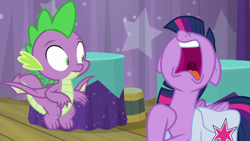 Size: 1920x1080 | Tagged: safe, screencap, spike, twilight sparkle, twilight sparkle (alicorn), alicorn, dragon, a trivial pursuit, bag, nose in the air, open mouth, saddle bag, uvula, winged spike