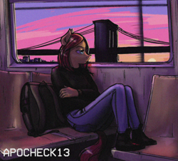 Size: 1039x940 | Tagged: safe, artist:apocheck13, oc, oc only, anthro, backpack, bridge, clothes, female, food, jeans, morning, pants, sitting, solo, subway, sunrise