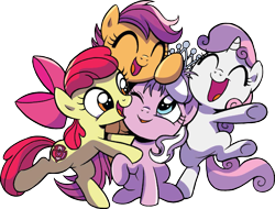 Size: 1291x980 | Tagged: safe, artist:brendahickey, idw, apple bloom, diamond tiara, scootaloo, sweetie belle, spoiler:comic, spoiler:comicspiritoftheforest03, background removed, cute, cutie mark crusaders, female, group hug, hug, simple background, smiling, tiaralove, transparent background