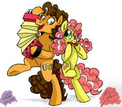 Size: 1024x900 | Tagged: safe, artist:joint-parodica, artist:jointsupermodel, artist:pitterpaint, cheese sandwich, oc, oc:cream cheese, earth pony, pony, accordion, bipedal, duo, father and child, father and daughter, female, filly, harmonica, hoof hold, male, musical instrument, offspring, parent and child, parent:cheese sandwich, parent:pinkie pie, parents:cheesepie, stallion