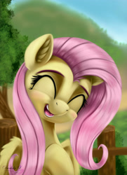 Size: 3250x4500 | Tagged: safe, artist:darksly, fluttershy, pegasus, pony, commission, cute, digital art, eyes closed, female, mare, open mouth, shyabetes, smiling, solo