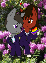 Size: 991x1355 | Tagged: safe, artist:chili19, oc, oc only, oc:patrick, oc:rufus, anthro, donkey, earth pony, unguligrade anthro, clothes, earth pony oc, flower, gay, gay pride flag, hoof hold, male, oc x oc, pride, pride flag, shipping, suit, transgender, transgender pride flag