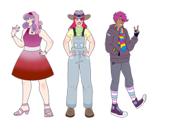 Size: 2732x2048 | Tagged: safe, artist:blacksky1113, artist:bublebee123, color edit, edit, apple bloom, scootaloo, scooteroll, sweetie belle, human, collaboration, badge, bandana, belt, bisexual pride flag, boots, bracelet, clothes, colored, converse, cowboy boots, cowboy hat, cutie mark crusaders, dark skin, dress, ear piercing, earring, eyebrow piercing, eyes closed, eyeshadow, feet, female, fingerless gloves, flower, gay pride flag, gloves, grin, hairband, hat, headcanon, heart, high heels, hoodie, humanized, jeans, jewelry, lesbian pride flag, lgbt headcanon, lipstick, makeup, male, nail polish, necklace, nose piercing, older, older apple bloom, older cmc, older scootaloo, older sweetie belle, open mouth, overalls, pants, piercing, pride, pride flag, rainbow socks, ring, rule 63, scarf, sexuality headcanon, shirt, shoes, simple background, smiling, socks, striped socks, suspenders, t-shirt, trans boy, transgender, transgender pride flag, transparent background, wall of tags
