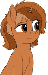 Size: 1140x1772 | Tagged: safe, artist:zippysqrl, oc, oc only, oc:sign, pony, unicorn, :t, bust, chest fluff, colored sketch, ear fluff, female, freckles, looking to the right, raised eyebrow, simple background, sketch, solo, transparent background