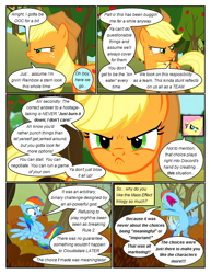 Size: 612x792 | Tagged: safe, artist:newbiespud, derpibooru import, edit, edited screencap, screencap, applejack, fluttershy, earth pony, pegasus, pony, comic:friendship is dragons, the return of harmony, angry, annoyed, apple, argument, comic, dialogue, female, flying, food, freckles, frown, glare, hat, mare, screencap comic, tree