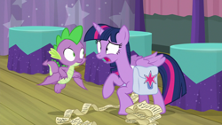 Size: 1920x1080 | Tagged: safe, screencap, spike, twilight sparkle, twilight sparkle (alicorn), alicorn, dragon, a trivial pursuit, bag, saddle bag, scroll, winged spike