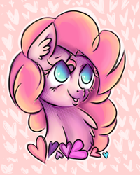 Size: 2404x3000 | Tagged: safe, artist:coco-drillo, derpibooru import, pinkie pie, earth pony, pony, blue eyes, bust, chest fluff, colourful, curly mane, ear fluff, happy, heart, love, lovely, loving, pink fur, pink mane, ponka, portrait, solo, waifu