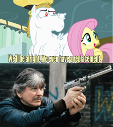 Size: 640x717 | Tagged: safe, edit, edited screencap, screencap, fluttershy, pegasus, pony, rainbow falls, blonde, blonde mane, blonde tail, blue eyes, charles bronson, curtain, death wish, ear piercing, exploitable meme, female, gun, looking to side, looking to the right, male, mare, meme, open mouth, paul kersey, piercing, pink mane, pink tail, red eyes, replacement meme, smiling, spread wings, stallion, text, weapon, white coat, wings, yellow coat