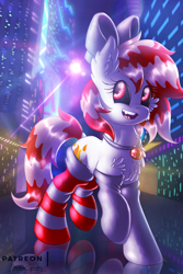 Size: 1000x1500 | Tagged: safe, artist:shad0w-galaxy, oc, oc:vinn rosta, earth pony, pony, bowtie, city, clothes, commission, cyberpunk, female, jewelry, mare, necklace, patreon, smiling, socks, striped socks