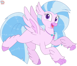 Size: 2292x1946 | Tagged: safe, artist:rainbow eevee, silverstream, classical hippogriff, hippogriff, cute, daaaaaaaaaaaw, diastreamies, female, flying, jewelry, looking at you, necklace, open mouth, purple eyes, simple background, smiling, smiling at you, solo, spread wings, transparent background, vector, wings