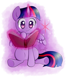 Size: 826x968 | Tagged: safe, artist:nairua, twilight sparkle, twilight sparkle (alicorn), alicorn, pony, book, cute, cutie mark, deviantart watermark, female, magic, mare, obtrusive watermark, signature, sitting, solo, telekinesis, twiabetes, watermark