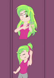 Size: 1020x1464 | Tagged: safe, artist:jpgr, lemon zest, human, equestria girls, abstract background, alternate hairstyle, clothes, eyes closed, female, headphones, one eye closed, scissors, wink