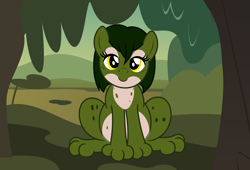 Size: 3300x2244 | Tagged: safe, artist:badumsquish, derpibooru exclusive, oc, oc only, frog, frog pony, monster pony, original species, pony, chubby, eyeshadow, female, forest, looking at you, makeup, monster mare, sitting, smiling, solo, spots, swamp, tree, zoology in the comments