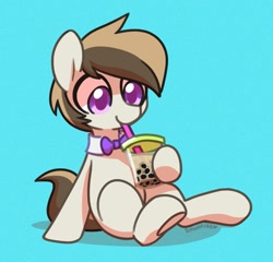 Size: 905x870 | Tagged: safe, artist:dawnfire, oc, oc only, earth pony, pony, bowtie, bubble tea, cup, drink, drinking, drinking straw, sitting, solo