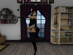 Size: 1024x768 | Tagged: safe, artist:feyro, oc, oc only, oc:latch, anthro, earth pony, unguligrade anthro, 3d, bookshelf, clothes, collar, earth pony oc, evening gloves, female, glasses, gloves, latex, latex boots, latex gloves, long gloves, second life, smiling, solo, window