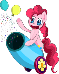 Size: 799x1000 | Tagged: safe, artist:nairua, derpibooru import, pinkie pie, earth pony, pony, balloon, bipedal, confetti, cute, deviantart watermark, diapinkes, female, mare, obtrusive watermark, open mouth, party cannon, simple background, solo, transparent background, watermark