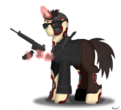 Size: 1471x1335 | Tagged: safe, artist:99999999000, pony, robot, robot pony, unicorn, armalite ar-18, arnold schwarzenegger, assault rifle, blood, clothes, endoskeleton, gun, machine, magic, ponified, rifle, shotgun, simple background, solo, spas-12, sunglasses, t-800, telekinesis, terminator, weapon