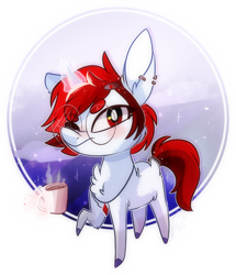 Size: 1064x1237 | Tagged: safe, artist:iheyyasyfox, oc, oc:hallowed thorn, pony, unicorn, beanbrows, chest fluff, chibi, coffee, coffee mug, ear piercing, earring, eyebrows, glasses, hairpin, jewelry, mug, necklace, one eye closed, one hoof raised, piercing, solo