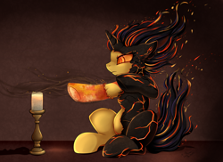 Size: 3509x2550 | Tagged: safe, artist:pridark, oc, oc only, oc:cinderheart, pony, unicorn, ash, candle, chest fluff, commission, demi-god, ear fluff, elemental, elemental pony, female, fire, mare, sitting, smoke, solo, underhoof