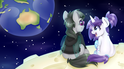 Size: 7680x4320 | Tagged: safe, artist:partylikeanartist, oc, oc:faulty, oc:indigo wire, changeling, pony, unicorn, australia, aviator glasses, aviators, back, clothes, earth, faultigo, galaxy, glasses, gradient hooves, hoodie, moon, new zealand, oc x oc, planet, ponytail, ray ban, shade, shipping, space, stars, tail wrap, to the moon, youtube