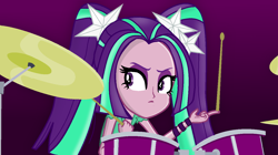 Size: 1280x717 | Tagged: safe, artist:grapefruitface1, aria blaze, equestria girls, rainbow rocks, base used, clothes, drum kit, drummer, drums, drumsticks, gradient background, looking to the left, musical instrument, solo