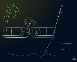 Size: 600x479 | Tagged: safe, artist:quint-t-w, oc, oc only, oc:pointy white, original species, pony, boat, bored, fangs, flag, gradient background, minimalist, modern art, ocean, old art, palm tree, sabertooth pony, sharp teeth, solo, teeth, tree, underhoof, unshorn fetlocks, water