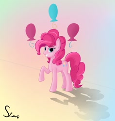 Size: 1280x1348 | Tagged: safe, artist:someonex64, pinkie pie, earth pony, pony, cutie mark, cutie mark background, eyebrows visible through hair, female, grin, lidded eyes, looking at you, mare, raised hoof, shadow, smiling, solo