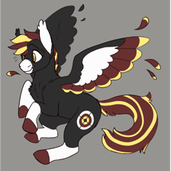 Size: 500x502 | Tagged: safe, artist:horsepowerred, oc, oc only, oc:mayday, pegasus, pony, bullseye, chest fluff, coat markings, colored wings, ear fluff, feather, female, flying, gray background, mare, plewds, request, scared, simple background, socks (coat marking), solo, sweat, wings