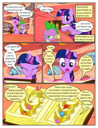 Size: 612x792 | Tagged: safe, artist:newbiespud, edit, edited screencap, screencap, spike, twilight sparkle, unicorn twilight, dragon, pony, unicorn, comic:friendship is dragons, the return of harmony, book, bookcase, comic, dialogue, elements of harmony, eyes closed, female, glowing horn, horn, licking, licking lips, looking back, magic, male, mare, prone, screencap comic, scroll, slit eyes, surprised, talking book, telekinesis, tongue out, yelling