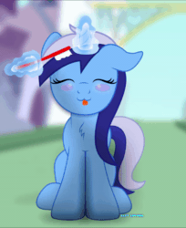 Size: 600x736 | Tagged: safe, artist:bastbrushie, part of a set, minuette, pony, unicorn, :3, :p, animated, bastbrushie is trying to kill us, blushing, brushie, brushing, canterlot, cute, daaaaaaaaaaaw, dancing, eyes closed, female, gif, happy, horn, magic, minubetes, raspberry, silly, silly pony, sitting, solo, street, tongue out, weapons-grade cute