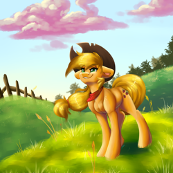 Size: 6000x6000 | Tagged: safe, artist:faline-art, derpibooru import, applejack, earth pony, pony, absurd resolution, cowboy hat, cute, female, floppy ears, grass, hat, jackabetes, mare, smiling, solo, stetson