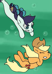 Size: 833x1185 | Tagged: safe, artist:cmara, applejack, coloratura, earth pony, pony, seapony (g4), applejack's hat, asphyxiation, bubble, cowboy hat, drowning, eyes closed, female, hat, lesbian, mare, parody, rarajack, seaponified, seapony coloratura, shipping, species swap, swimming, the little mermaid, underwater, water