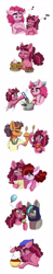 Size: 700x3567 | Tagged: safe, artist:celestial-rainstorm, pinkie pie, saffron masala, oc, oc:birthday bash, oc:cherry chimichanga, oc:diamond, pony, blueberry, food, muffin, offspring, older, pancakes, parent:cheese sandwich, parent:party favor, parent:pinkie pie, parent:roseluck, parents:cheesepie, pasta, pie, pot, spaghetti, spoon, strawberry, whipped cream