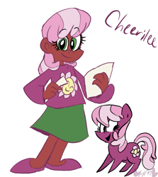 Size: 713x800 | Tagged: safe, artist:mirabuncupcakes15, cheerilee, earth pony, human, pony, cheeribetes, clothes, cute, dark skin, female, flats, human ponidox, humanized, mare, open mouth, paper, self paradox, self ponidox, shirt, shoes, simple background, skirt, solo, white background