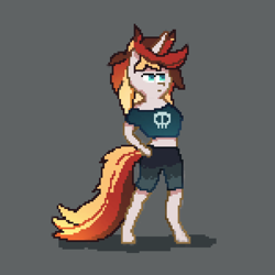 Size: 1920x1920 | Tagged: safe, artist:kitty_love, oc, oc only, oc:scarlet serenade, semi-anthro, unicorn, bipedal, clothes, female, hooves, mare, midriff, pixel art, punk, shirt, short shirt, shorts, skull, solo, sprite, standing, stomach, ych result