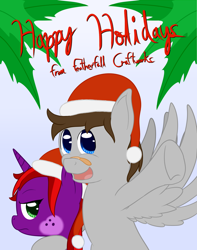 Size: 1280x1622 | Tagged: safe, artist:phoenixswift, oc, oc:fuselight, oc:rogue dream, pegasus, pony, unicorn, ask fuselight, christmas, female, hat, holiday, male, mare, santa hat, stallion