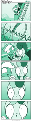 Size: 726x2696 | Tagged: safe, artist:dori-to, bon bon, lyra heartstrings, sweetie drops, earth pony, pony, unicorn, comic:silly lyra, aaaaaaaaaa, comic, crying, dialogue, duo, female, green background, greenscale, mare, monochrome, roller coaster, screaming, shrunken pupils, simple background, speech bubble