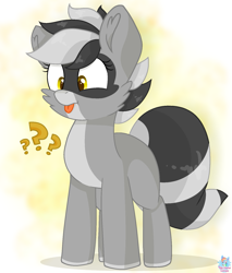 Size: 1343x1573 | Tagged: safe, artist:rainbow eevee, oc, oc only, oc:bandy cyoot, hybrid, pony, raccoon, raccoon pony, adorkable, confused, confusion, cute, dork, female, golden eyes, question mark, simple background, solo, tongue out, yellow background