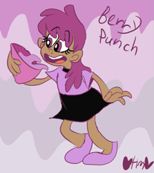 Size: 713x800 | Tagged: safe, artist:mirabuncupcakes15, berry punch, berryshine, human, bowl, clothes, cute, female, flats, humanized, miniskirt, open mouth, punch (drink), punch bowl, shirt, shoes, skirt, solo, t-shirt