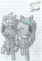 Size: 1000x1450 | Tagged: safe, artist:mlplayer dudez, cloudchaser, flitter, pegasus, pony, cheek fluff, chest fluff, cute, duo, ear fluff, female, graph paper, looking at you, one eye closed, siblings, signature, sisters, smiling, traditional art