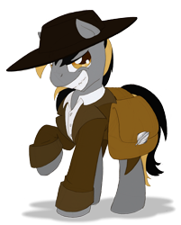 Size: 716x892 | Tagged: safe, artist:ravenpuff, oc, oc only, earth pony, pony, bag, clothes, grin, hat, male, raised hoof, roan rpg, saddle bag, simple background, smiling, stallion, transparent background