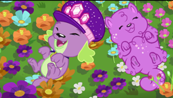 Size: 720x407 | Tagged: safe, screencap, princess thunder guts, spike, spike the regular dog, dog, better together, choose your own ending, equestria girls, lost and pound, lost and pound: spike, cute, eyes closed, female, male, paw pads, paws, puppy love, shipping fuel, spikabetes, spike's dog collar, spike's festival hat, tail, underpaw