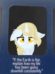 Size: 1071x1427 | Tagged: safe, artist:kotwitz, oc, oc only, oc:aria taitava, pony, unicorn, braid, eye contact, flat earth, floppy ears, fluffy, frown, looking at each other, meme, sad, self deprecation, text