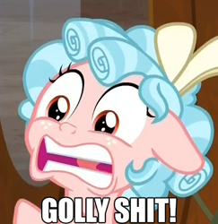 Size: 370x380 | Tagged: safe, edit, edited screencap, screencap, cozy glow, pegasus, pony, the beginning of the end, caption, cozy glow is best facemaker, faic, female, filly, golly, image macro, reaction image, text, vulgar