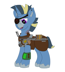 Size: 2941x3226 | Tagged: safe, artist:pugs911, oc, oc only, oc:chinook arch, unicorn, fallout equestria, armor, battle saddle, gun, male, pipbuck, scar, simple background, solo, stallion, transparent background, unshorn fetlocks, weapon